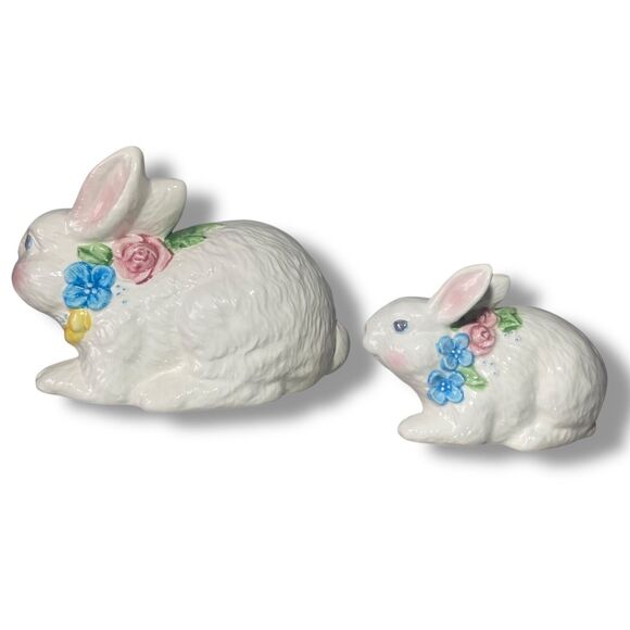 Easter Spring Decor 2 Bunny Rabbit Glazed White Ceramic Floral Necklaces Vintage - Picture 6 of 8